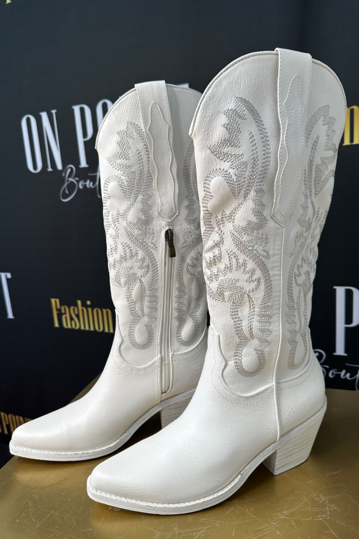 Tall White Leather Cowboy Boots